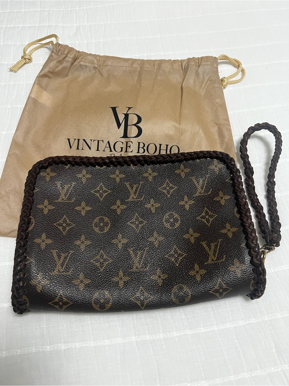 Vintage Boho Louis Vuitton Brown Monogram Braided Wristlet Clutch
